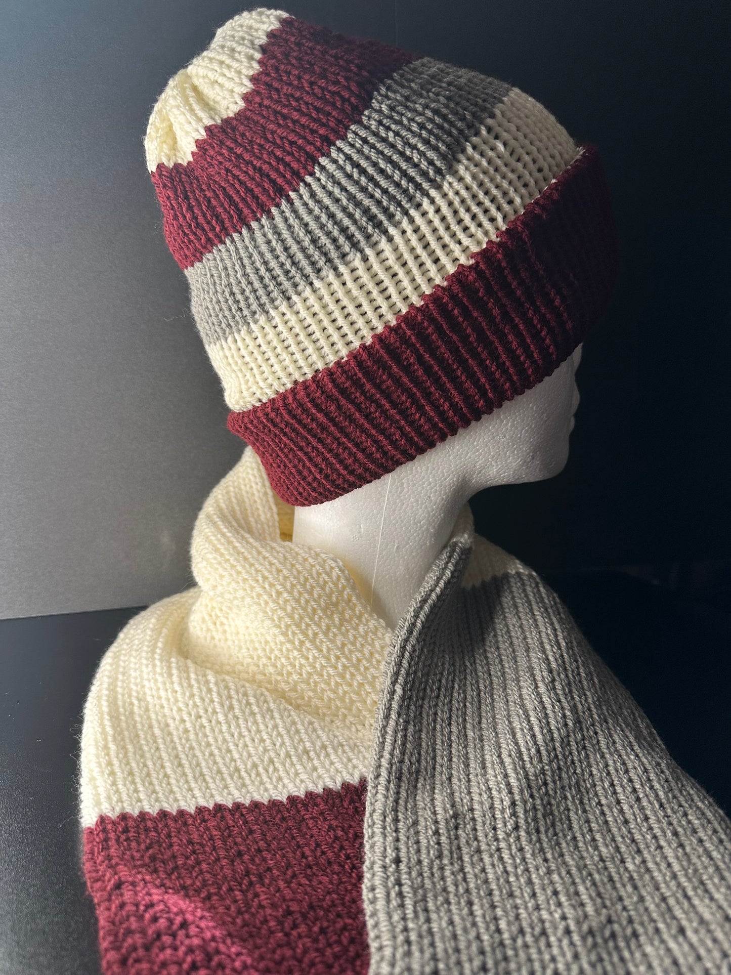 Maroon/Ivory/Grey Beanie and Scarf Set.