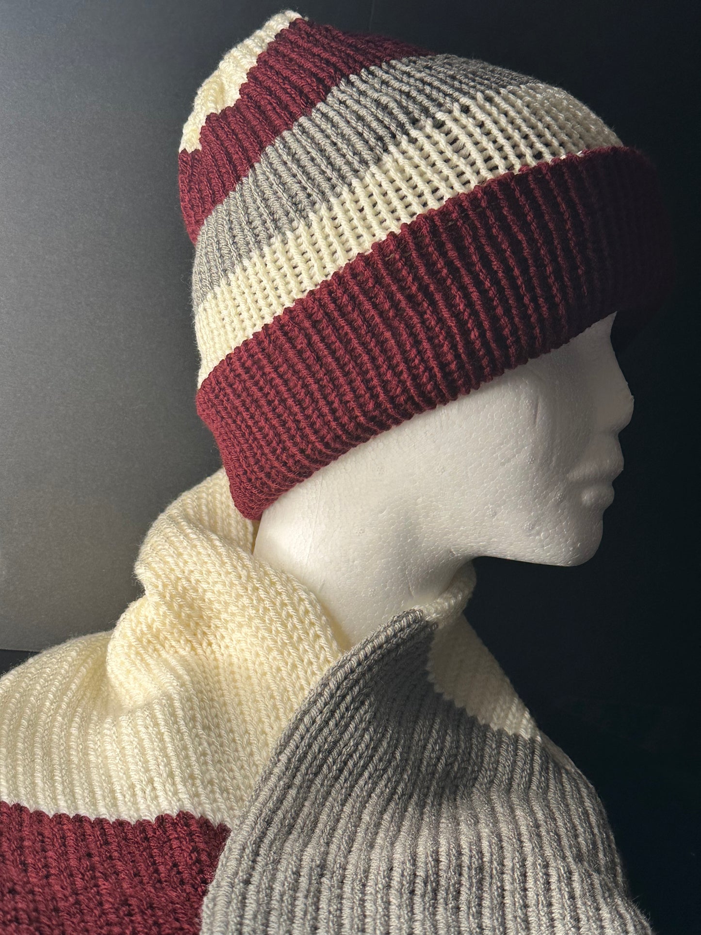 Maroon/Ivory/Grey Beanie and Scarf Set.