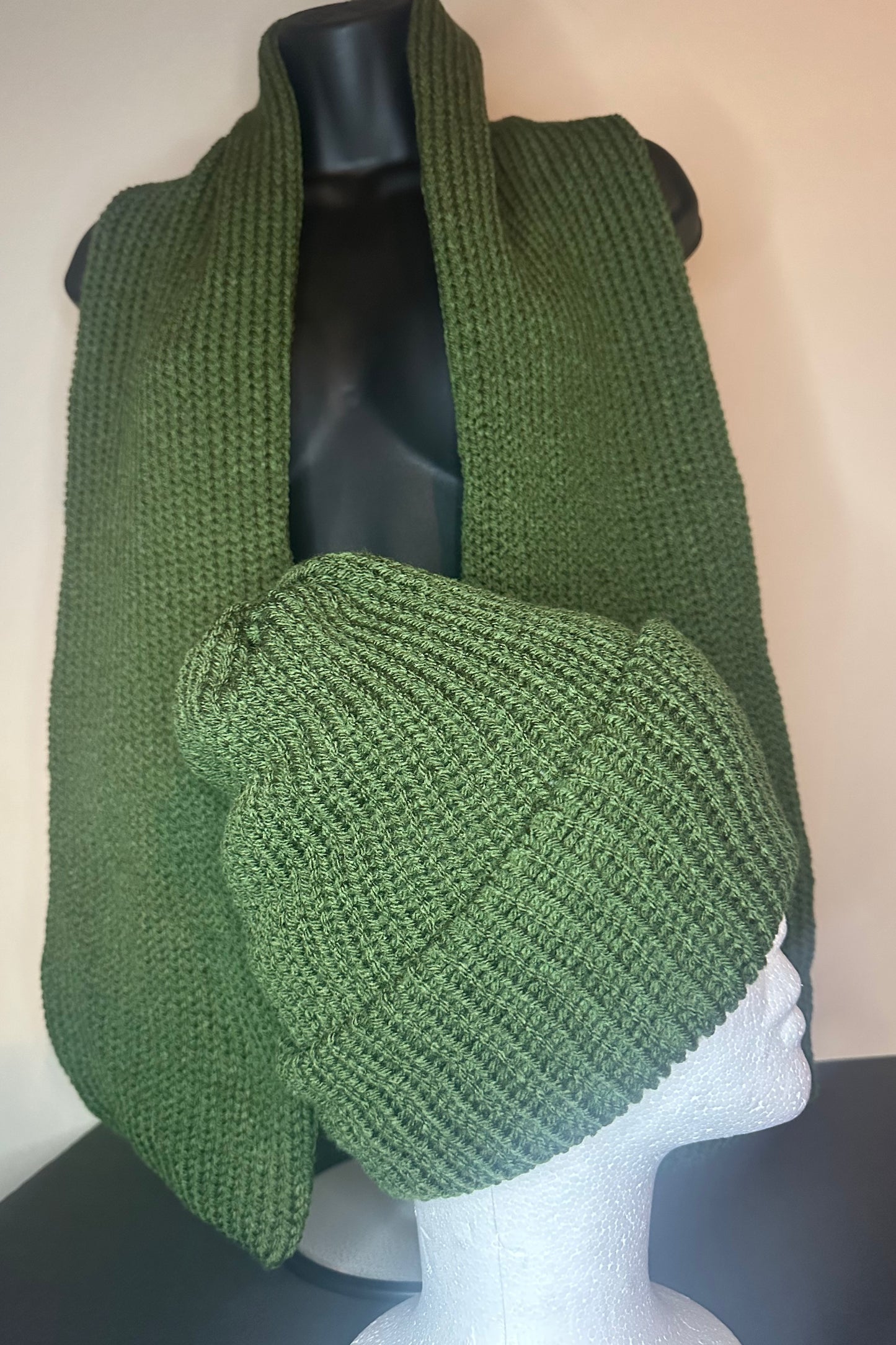 Large Olive Knitted Scarf and Beanie