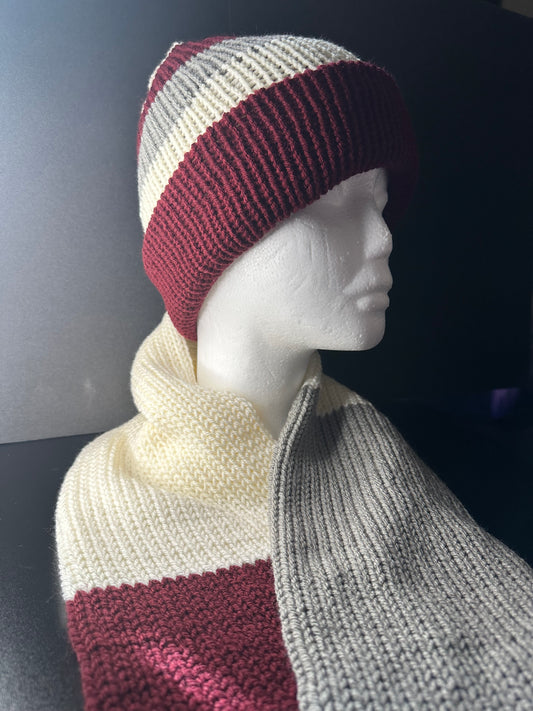 Maroon/Ivory/Grey Beanie and Scarf Set.