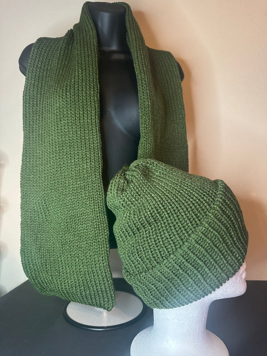 Large Olive Knitted Scarf and Beanie